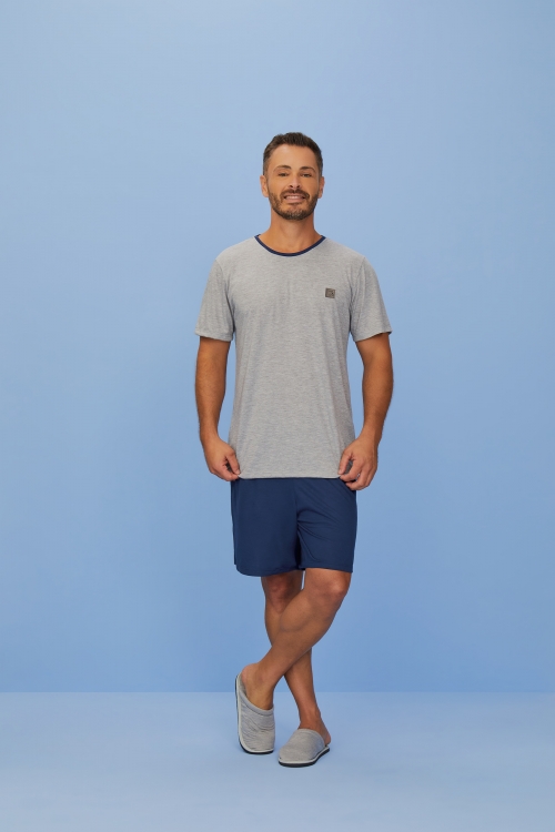 Pijama Masculino Cinza Mescla Com Azul Marinho