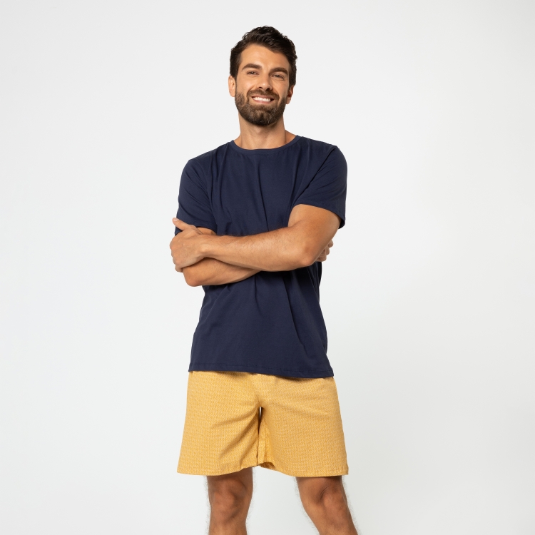 Pijama Masculino Azul Marinho com Short Mostarda