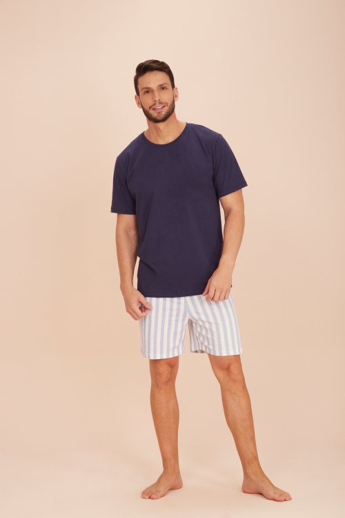 Pijama Masculino  Curto Azul Marinho com Short Listrado