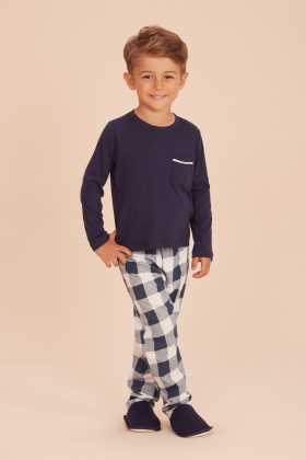 Pijama Longo Infantil Xadrez Azul Marinho