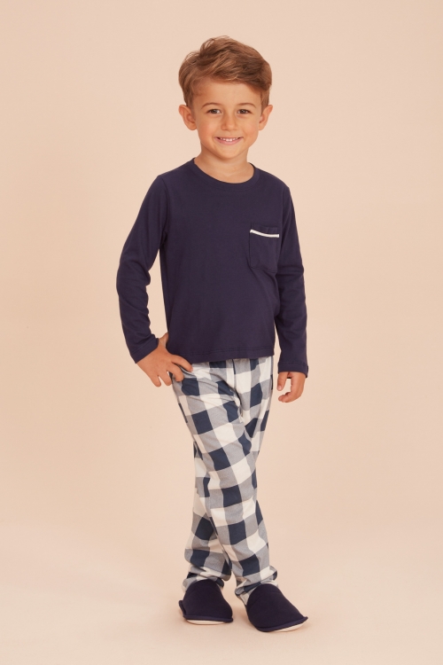 Pijama Longo Infantil Xadrez Azul Marinho